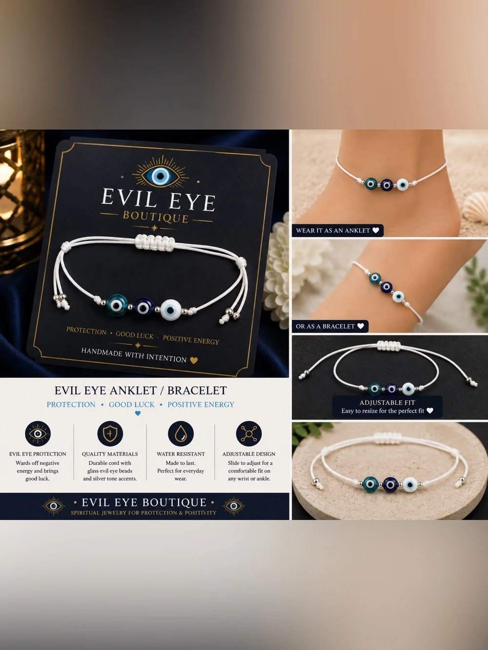🧿White Adjustable Anklet/Bracelet with Blue Evil Eye Beads🧿
